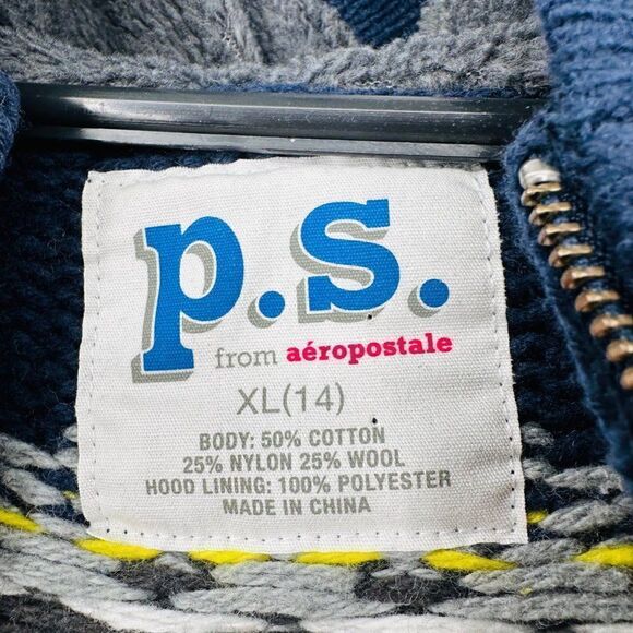 P.S. from Aeropostale Fair Isle Sweater Hoodie Jacket Boys XL Blue White Yellow - Picture 6 of 9